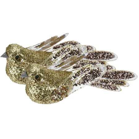 2x pcs plastic birds on clip gold with sequins 15 cm