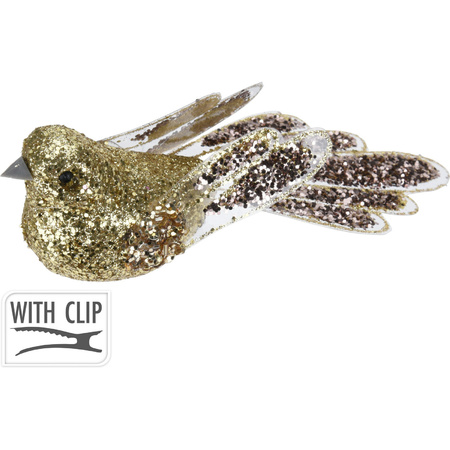 2x pcs plastic birds on clip gold with sequins 15 cm