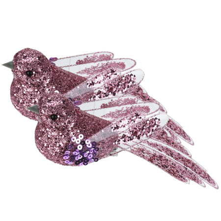 2x pcs plastic birds on clip pink with sequins 15 cm