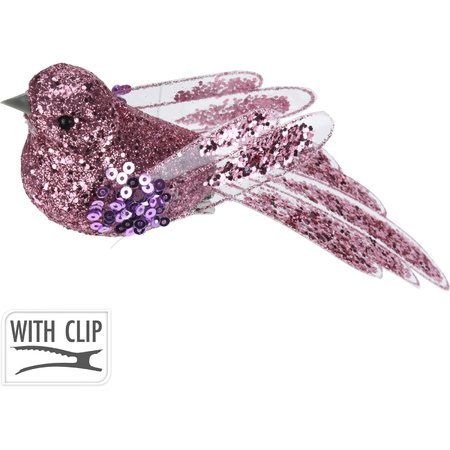 2x pcs plastic birds on clip pink with sequins 15 cm