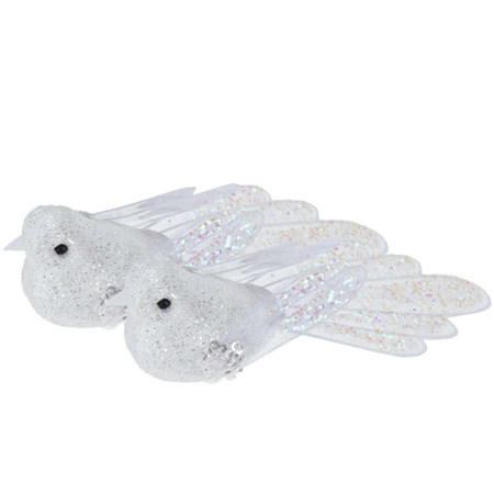 2x pcs plastic birds on clip white with sequins 15 cm