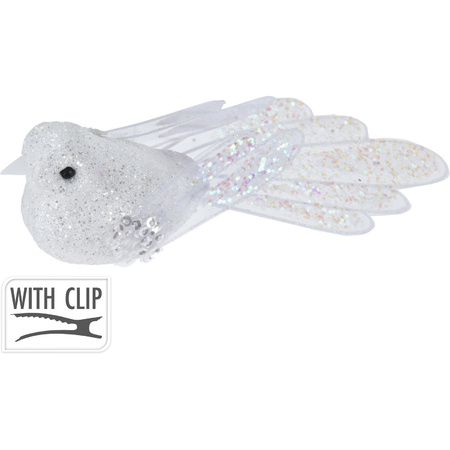 2x pcs plastic birds on clip white with sequins 15 cm