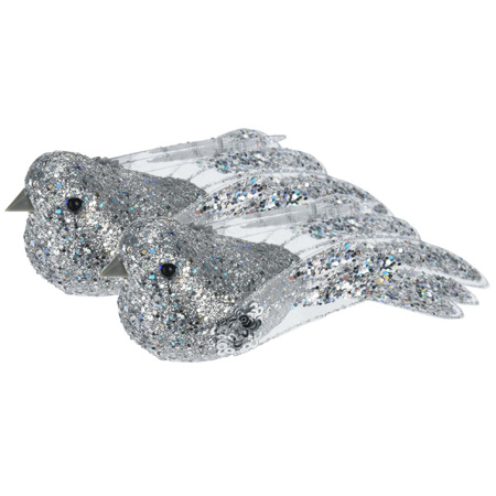 2x pcs plastic birds on clip silver with sequins 15 cm
