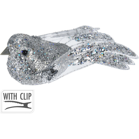 2x pcs plastic birds on clip silver with sequins 15 cm