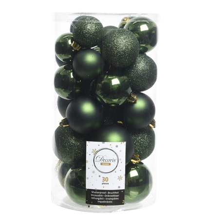 Decoris kerstballen 30x stuks - donkergroen 4/5/6 cm kunststof mat/glans/glitter mix en piek