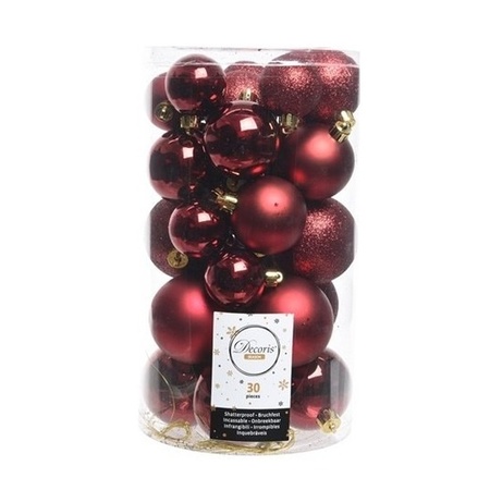 Kerstballen 60x stuks - mix donkerrood/wol wit - 4-5-6 cm - kunststof