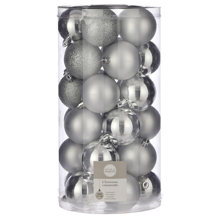 30x stuks kunststof kerstballen zilver 6 cm inclusief kerstbalhaakjes