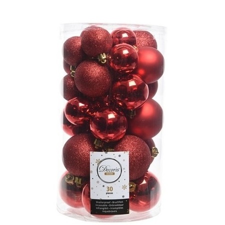 Decoris Christmas baubles 30x red 4/5/6 cm plastic matte/shiny/glitter mix with topper