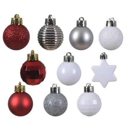 30x stuks kleine kunststof kerstballen rood/wit/zilver 3 cm