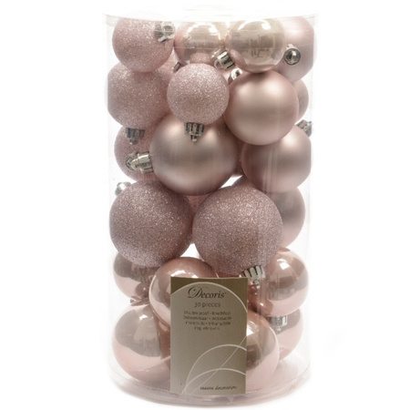 Kerstballen 60x stuks - mix lichtroze/parelmoer wit - 4-5-6 cm - kunststof