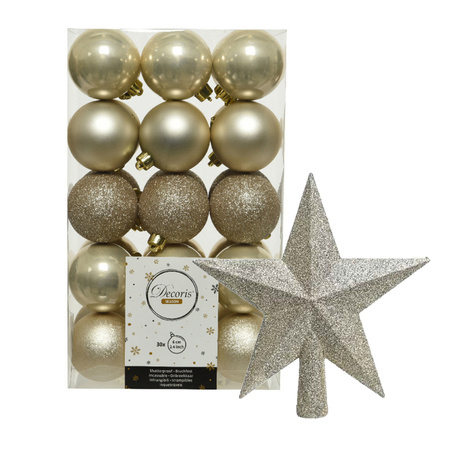 30x stuks kunststof kerstballen 6 cm inclusief ster piek champagne