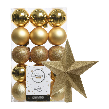 30x stuks kunststof kerstballen 6 cm inclusief ster piek goud