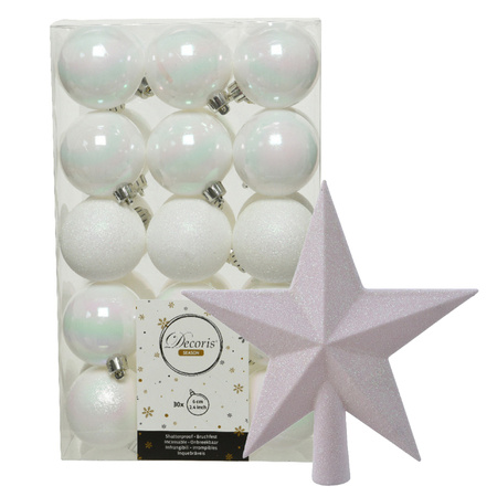 30x pcs plastic christmas baubles incl. star tree topper white pearl