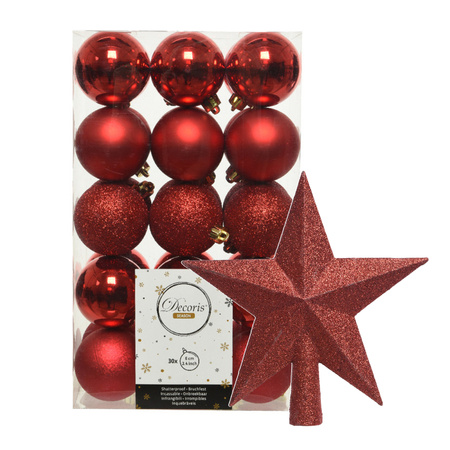30x stuks kunststof kerstballen 6 cm inclusief ster piek rood