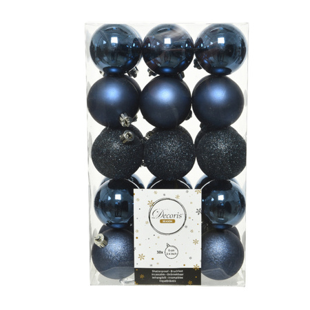 30x Christmas baubles dark blue (night blue) 6 cm plastic 