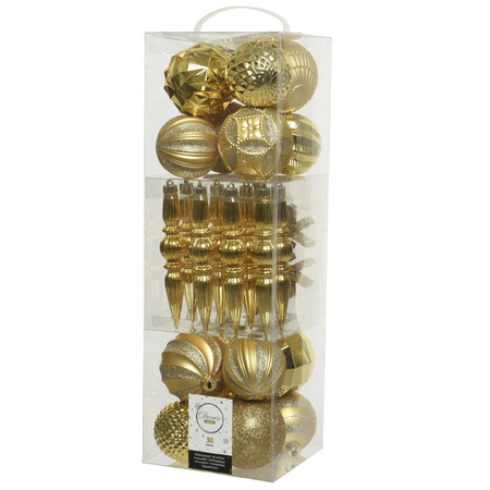 Decoris 30x pcs plastic christmas baubles, ornaments and topper gold