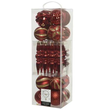 Decoris 30x st kunststof kerstballen, ornamenten en piek rood