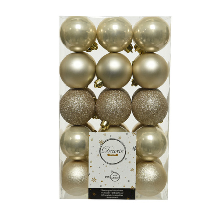 30x stuks kunststof kerstballen licht parel/champagne 6 cm glans/mat/glitter