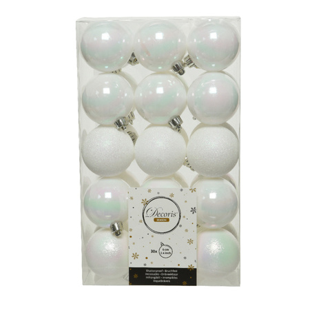 30x pcs plastic christmas baubles incl. star tree topper white pearl