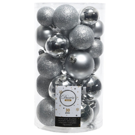 Christmas baubles - 60x - silver/dark blue- 4/5/6 cm - plastic