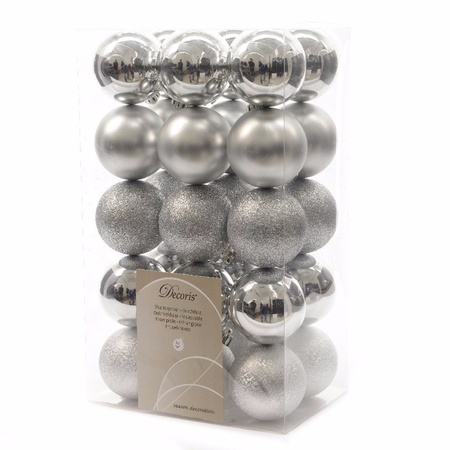 Zilveren kerstballen 6 cm kunststof mix voor kerst decoratie winkel met 30x Zilveren kerstballen 6 cm kunststof