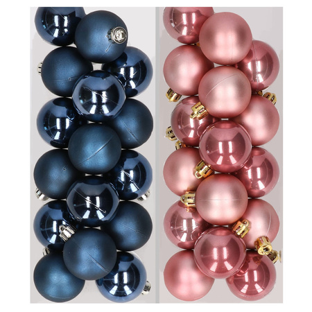 32x Christmas baubles mix dark blue and dusty pink 4 cm plastic matte/shiny