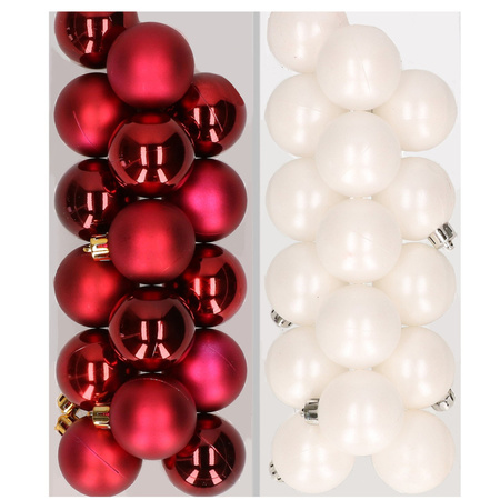 32x Christmas baubles mix dark red and white 4 cm plastic matte/shiny