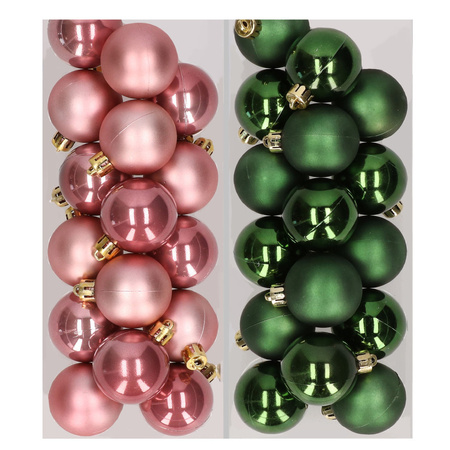 32x Christmas baubles mix dusty pink and dark green 4 cm plastic matte/shiny
