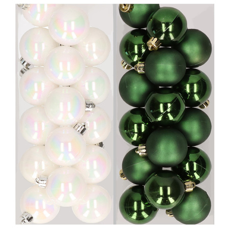 32x Christmas baubles mix pearlescent white and dark green 4 cm plastic matte/shiny