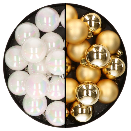 32x Christmas baubles mix pearlescent white and gold 4 cm plastic matte/shiny