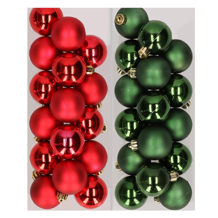 32x Christmas baubles mix red and dark green 4 cm plastic matte/shiny