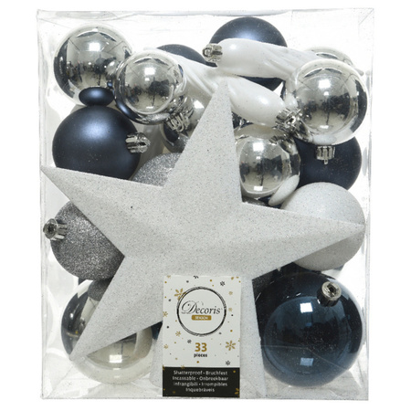 33x stuks kunststof kerstballen met piek 5-6-8 cm blauw/wit/zilver incl. haakjes