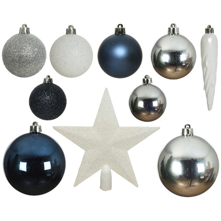 33x Blauw/wit/zilveren kerstballen met piek 5-6-8 cm kunststof