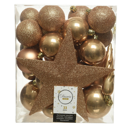 33x stuks kunststof kerstballen 5, 6 en 8 cm camel bruin inclusief ster piek en kerstbalhaakjes