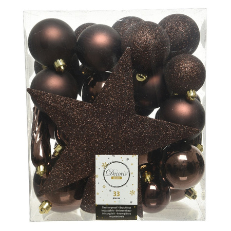 33x pcs plastic christmas baubles 5, 6 and 8 cm dark brown including tree star topper and hooks