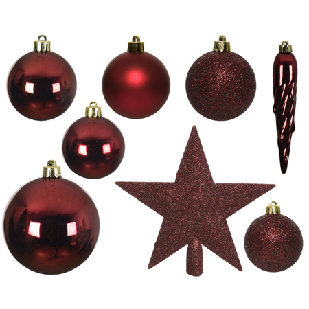 Christmas decorations baubles with topper 4-5-6-8 cm set darkred 59x pieces