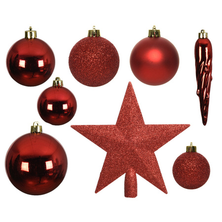33x Red Christmas baubles with startopper 5-6-8 cm plastic mix