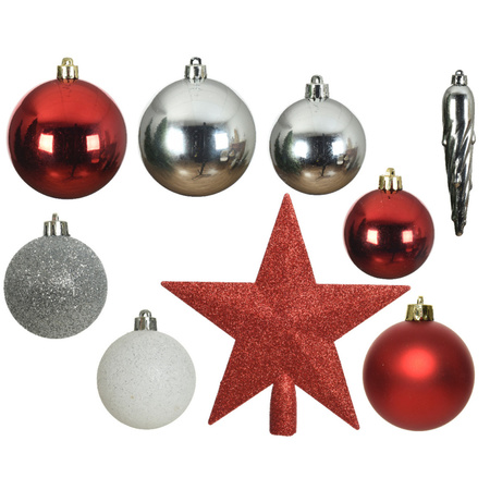 33x Rood/wit/zilveren kerstballen met piek 5-6-8 cm kunststof