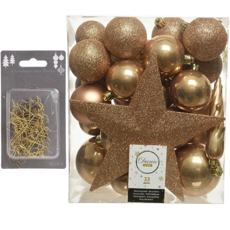 33x stuks kunststof kerstballen 5, 6 en 8 cm camel bruin inclusief ster piek en kerstbalhaakjes