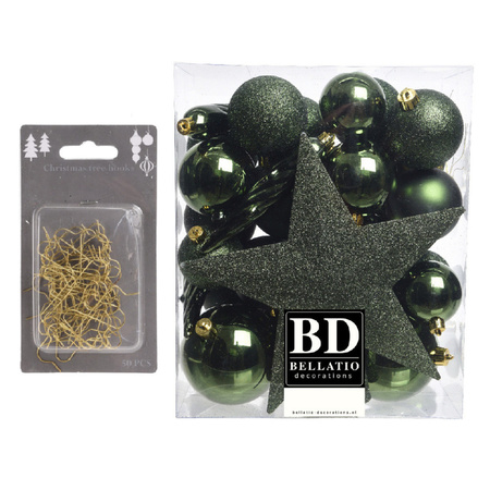 33x stuks kunststof kerstballen 5, 6 en 8 cm donkergroen inclusief ster piek en kerstbalhaakjes