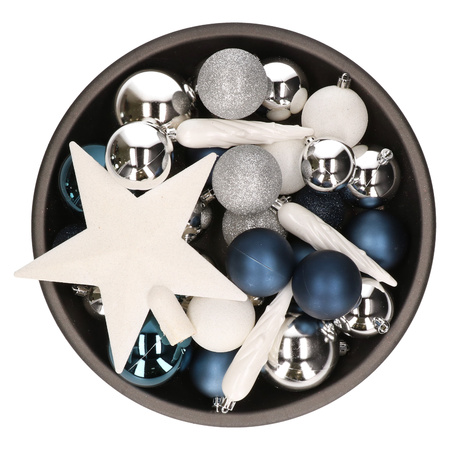33x pcs plastic christmas baubles with startopper blue/white/silver 5-6-8 cm including hooks