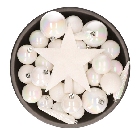 33x pcs plastic christmas baubles parelmoer with startopper white pearl 5-6-8 cm incl
