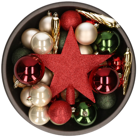 33x pcs plastic christmas baubles rood/groen/champagneh startopper red/green/champagne 5-6-8 cm incl