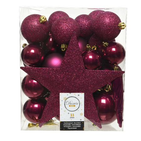 33x stuks kunststof kerstballen 5, 6 en 8 cm framboos roze inclusief ster piek en kerstbalhaakjes