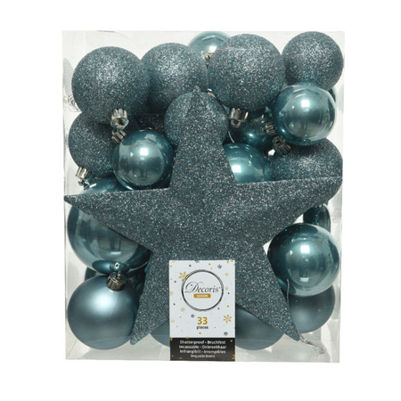 33x stuks kunststof kerstballen met ster piek ijsblauw (blue dawn)