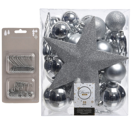 33x stuks kunststof kerstballen zilver 5, 6 en 8 cm inclusief ster piek en kerstbalhaakjes