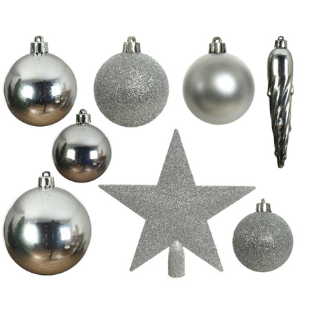 33x Zilveren kerstballen met ster piek 5-6-8 cm kunststof mix