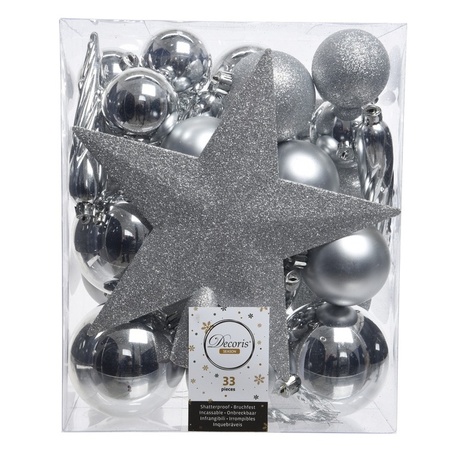 33x Zilveren kerstballen met ster piek 5-6-8 cm kunststof mix