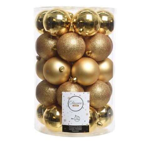 34x stuks kunststof kerstballen 8 cm inclusief kralenslinger goud