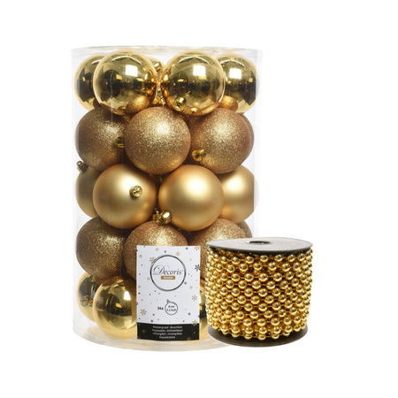 34x stuks kunststof kerstballen 8 cm inclusief kralenslinger goud